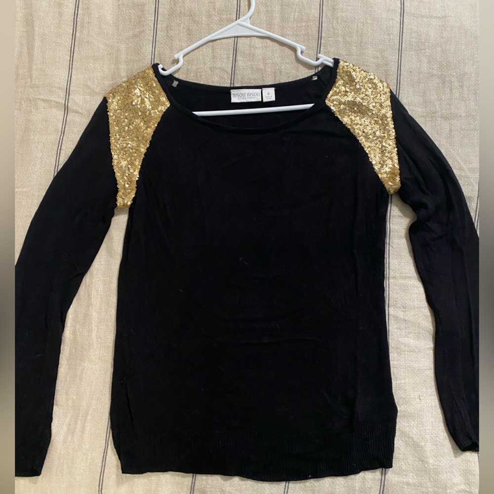 Bisou Bisou Black Long Sleeve sweater with Gold Sequin Accents